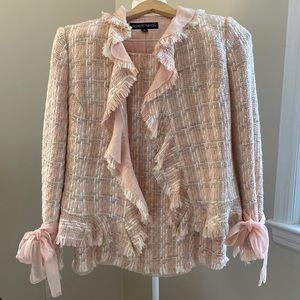 ALBERT NIPON Pink Tweed Ruffle Chiffon Skirt Suit Size 8